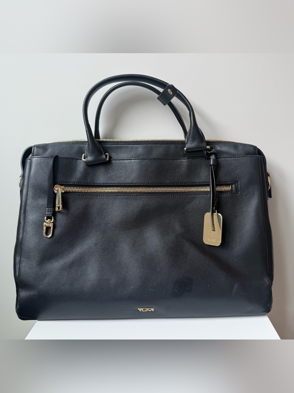 Tumi Black Leather Briefcase with Gold-Tone Hardware